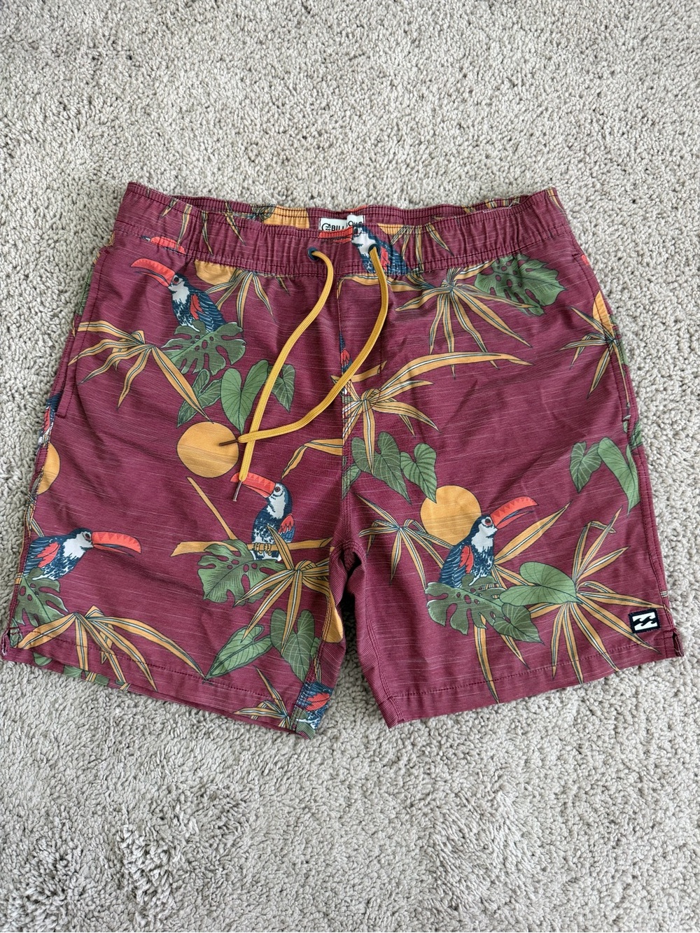 Billabong Men’s Burgundy Toucan Print Swim Shorts with Yellow Drawcord